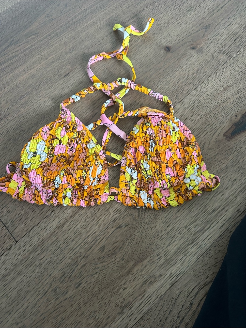 Xhilaration Pink Yellow Orange Floral Smocked Bikini Top